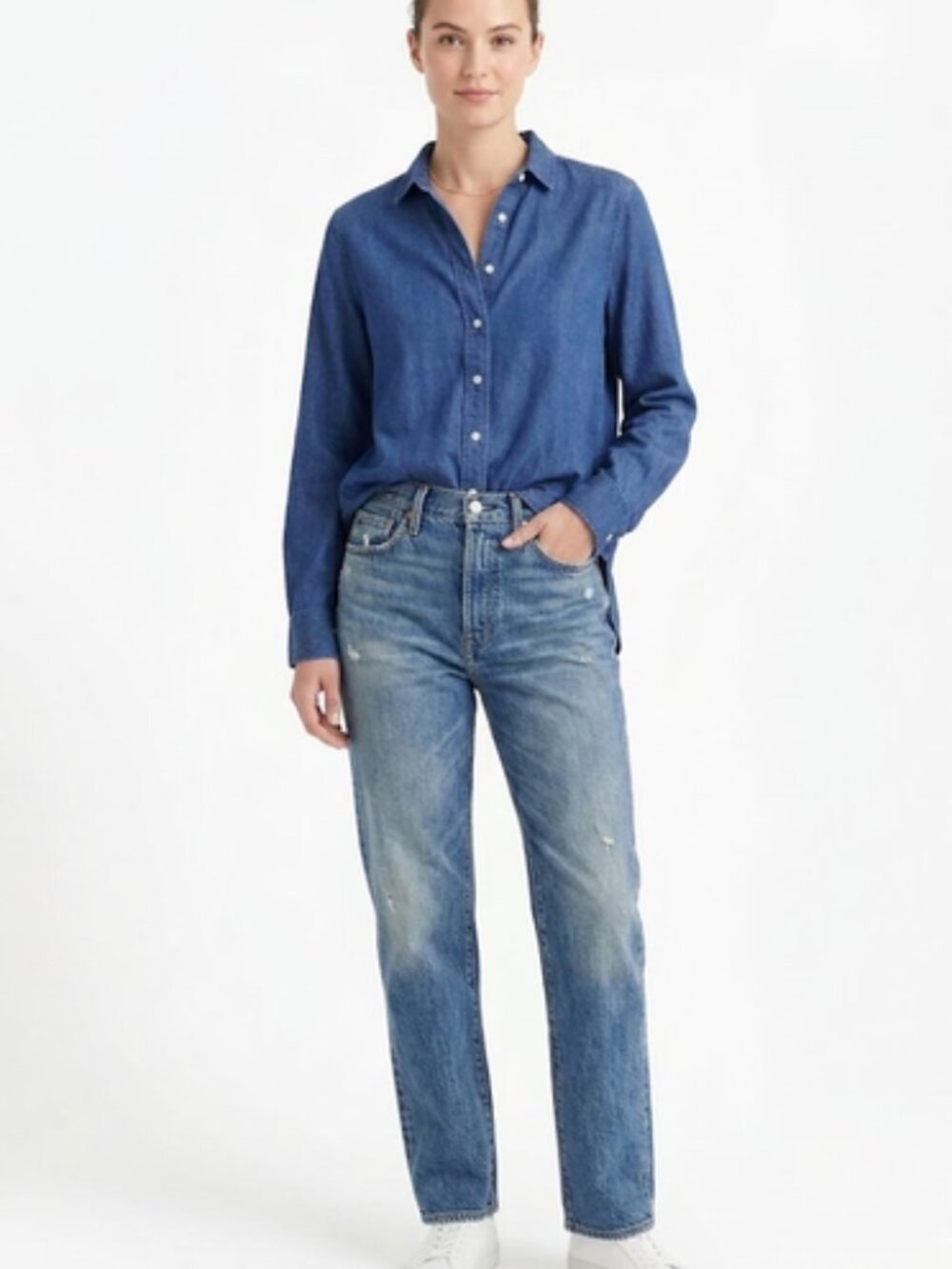LOFT Blue Denim-Look Button Down Long Sleeve Chambray Blouse Office Casual, Med.